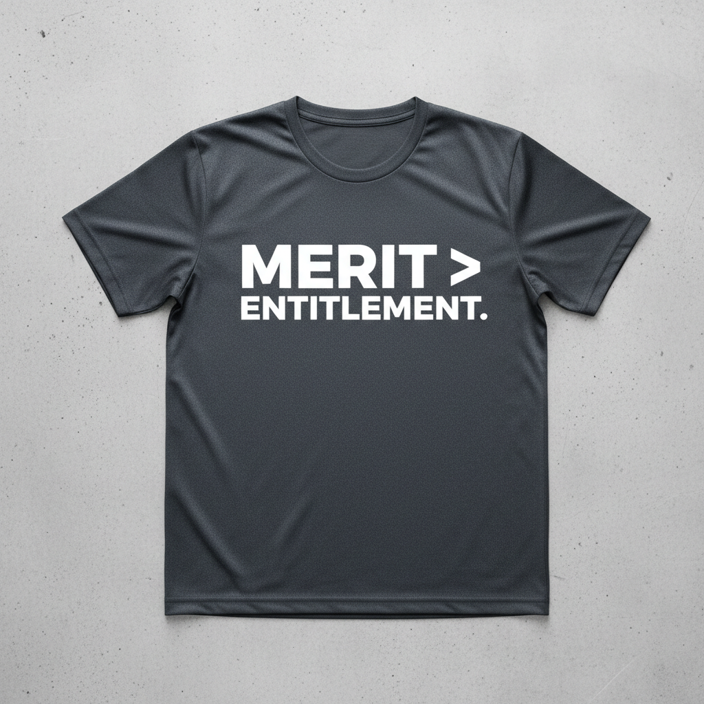 A bold statement tee emphasizing merit over entitlement. Minimalist design, durable print, perfect for workouts or casual streetwear.