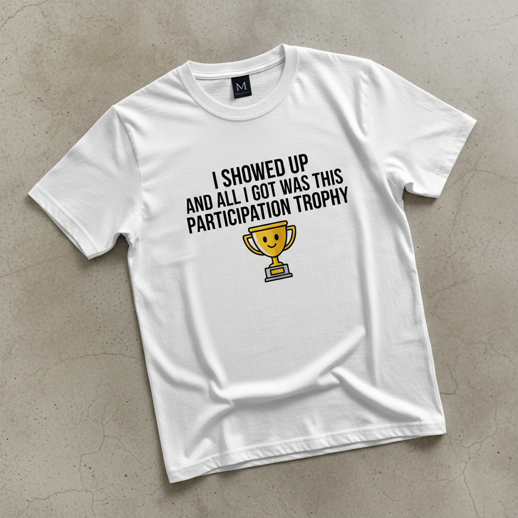 A humorous tee poking fun at participation trophies culture. Clean, bold typography for a strong statement in casual settings
